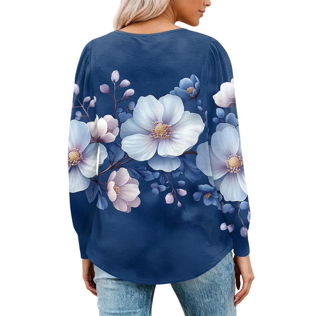 Women's Fashion Casual Pleated Round Neck Vintage Floral Print Long Sleeve T,Shirt Top