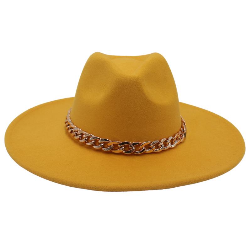 Big Brim Gold Acrylic Chain Felt Hat Solid Color Cashmere Jazz Hat French Top Hat