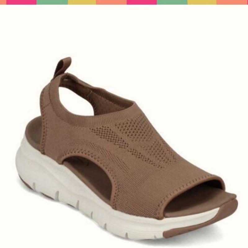 

Large size thick-bottomed wind knitted rhinestone hot drill breathable and lightweight women s elastic fly-woven casual sandals 45 коричневый