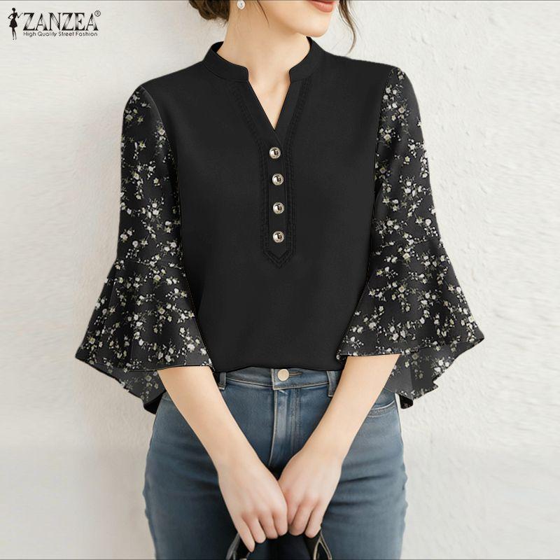 ZANZEA Women Casual V-Neck Print Splice Loose 3/4 Sleeve Blouse