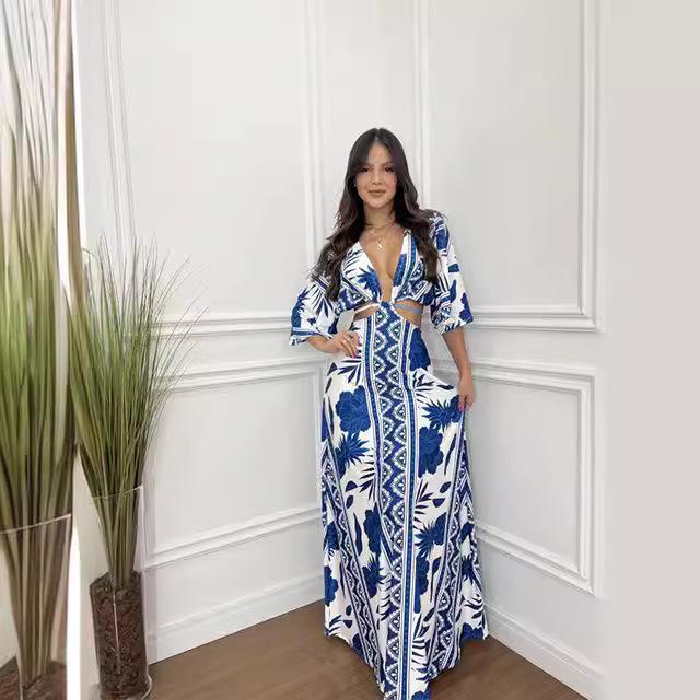 Women Spring Print Block Color Short Batwing Sleeve Slim Long Dress Summer Casual V-Neck Ankle-Length High Waist Loose Dresses S-XL