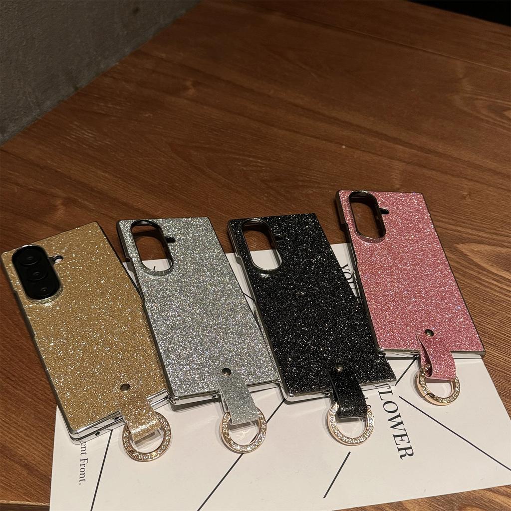 For Samsung Galaxy Z Fold7 5G Case Electroplated Glitter PU Leather+PC Protective Cover with Portable Ring Strap