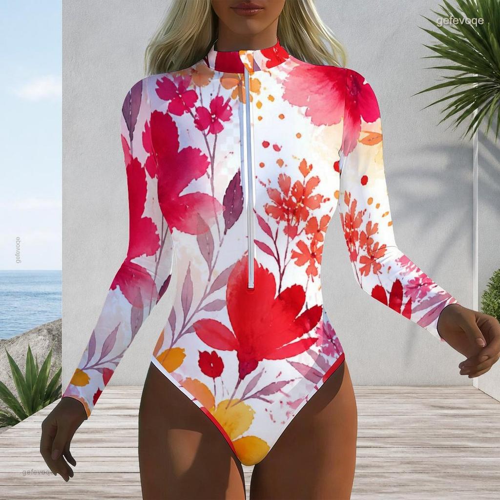 Women Plus Size Long Sleeve High Neck Half Zip Floral Print One Piece Swimsuit