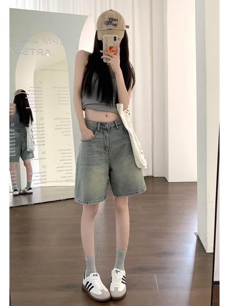 High-Waisted Retro Women's Denim Shorts: Trendy, Versatile, Slimming Five-Point Petite Fit for Summer