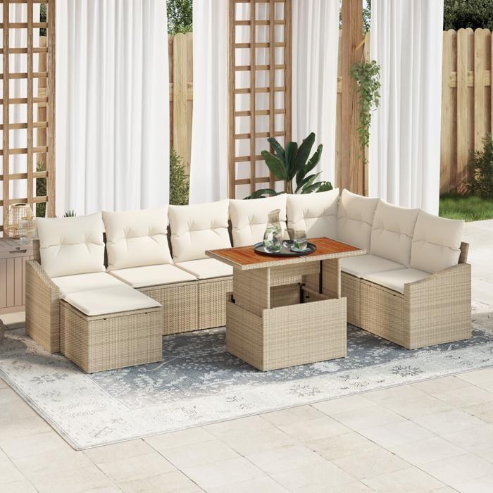 VidaXL Ensemble de salle à manger de jardin 9 pièces avec coussins Beige Rotin Poly Acacia 3349875