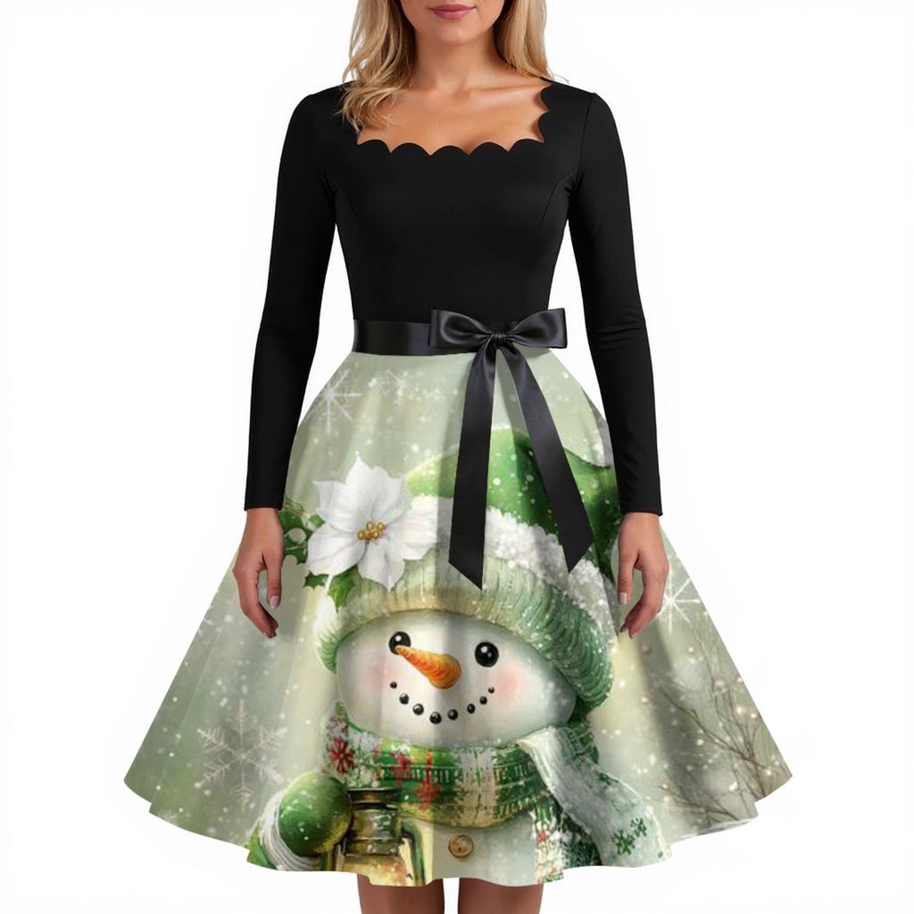 Women's Fashion Retro Long-sleeved Square Collar Christmas Printed Evening Dress