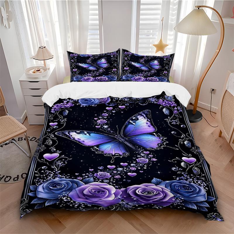 Purple Butterfly Roses Print 3Pcs Bedding Setduvet Cover With 2 Bedropillowcase Home Birthday Gift