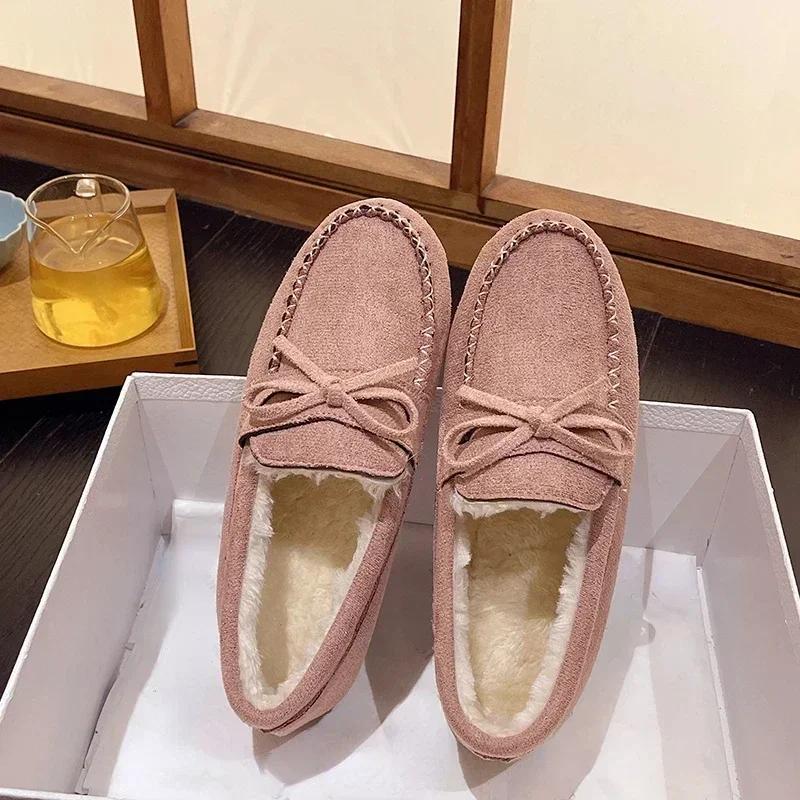 Fashion Bow Winter Women's Moccasins Flats Non-slip Flat Shoes Female Warm Loafers Slip-on Comfort Cotton Shoes Zapatos De Mujer