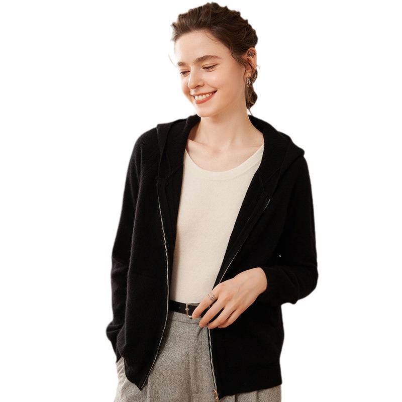 2024 Autumn/Winter Women's Loose Fit Hooded Cashmere Zipper Cardigan - Korean Thick Style Sweater