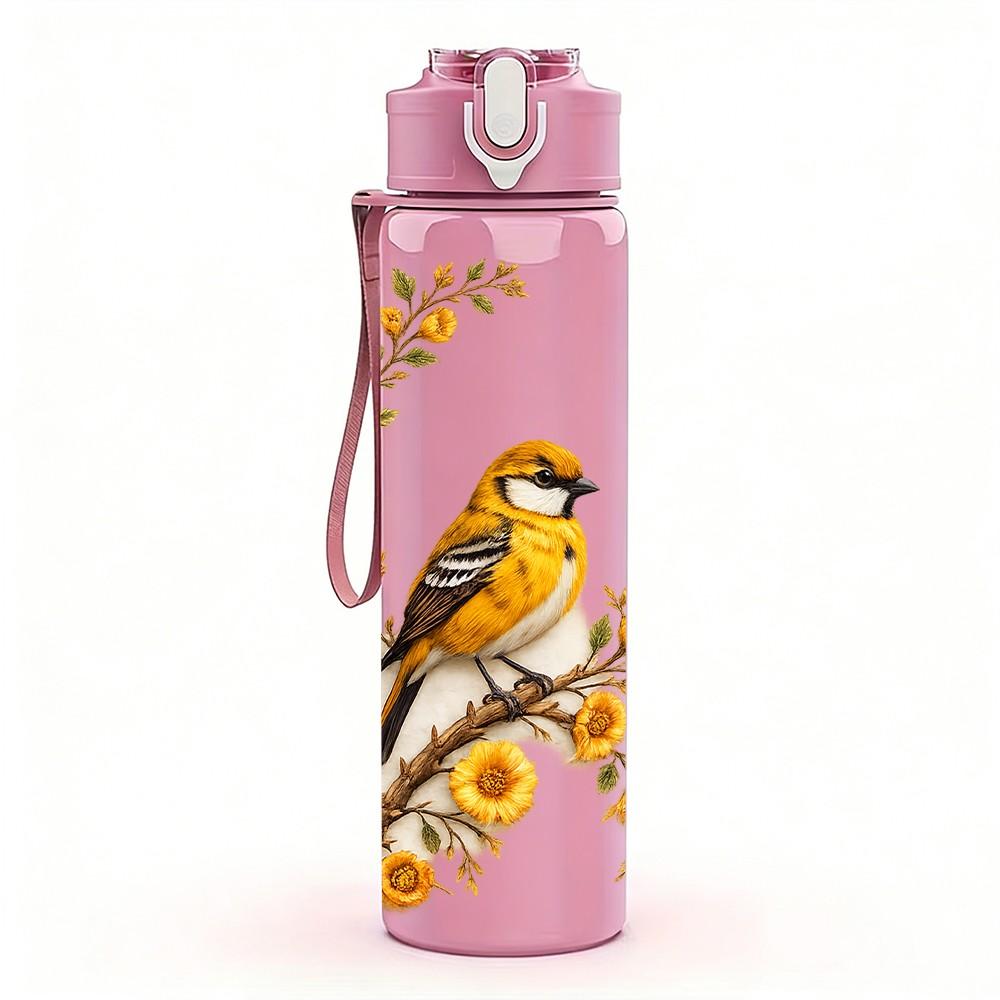 1PC Bird Perch On Sunflower Branch Print 750ml Color Plastic Sports Water Bottle Leakproof Flip Straw Lid Suitable for Sports Office Home Use