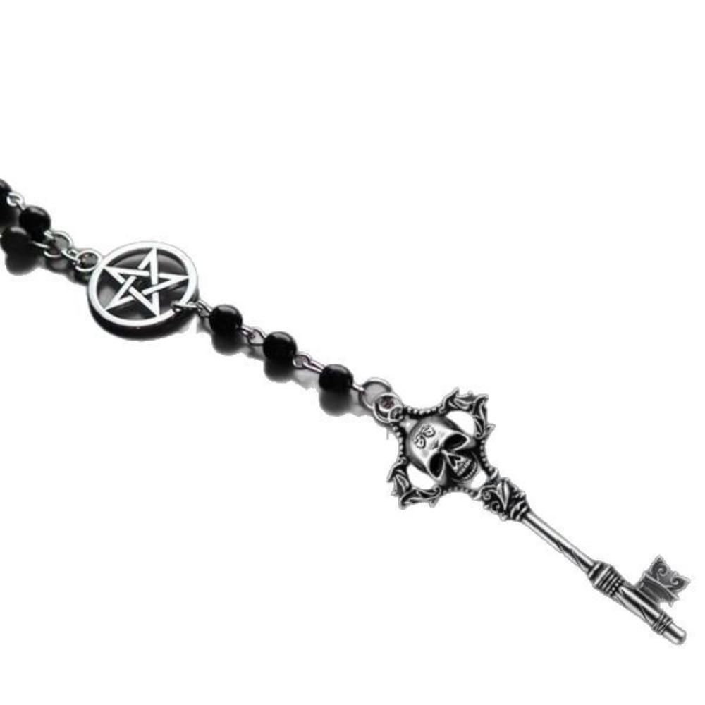 Charm Fashion Sliver Color Skull Key Five-pointed Star Pendant Y-shaped Black Bead Chain Necklace for Men  Women Hip-hop Jewelry