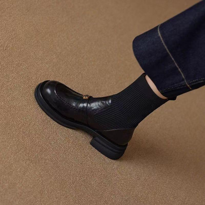 Women's Soft Leather Knit Sock Ankle Boots with Round Toe and Thick Sole, Plus Velvet Lining