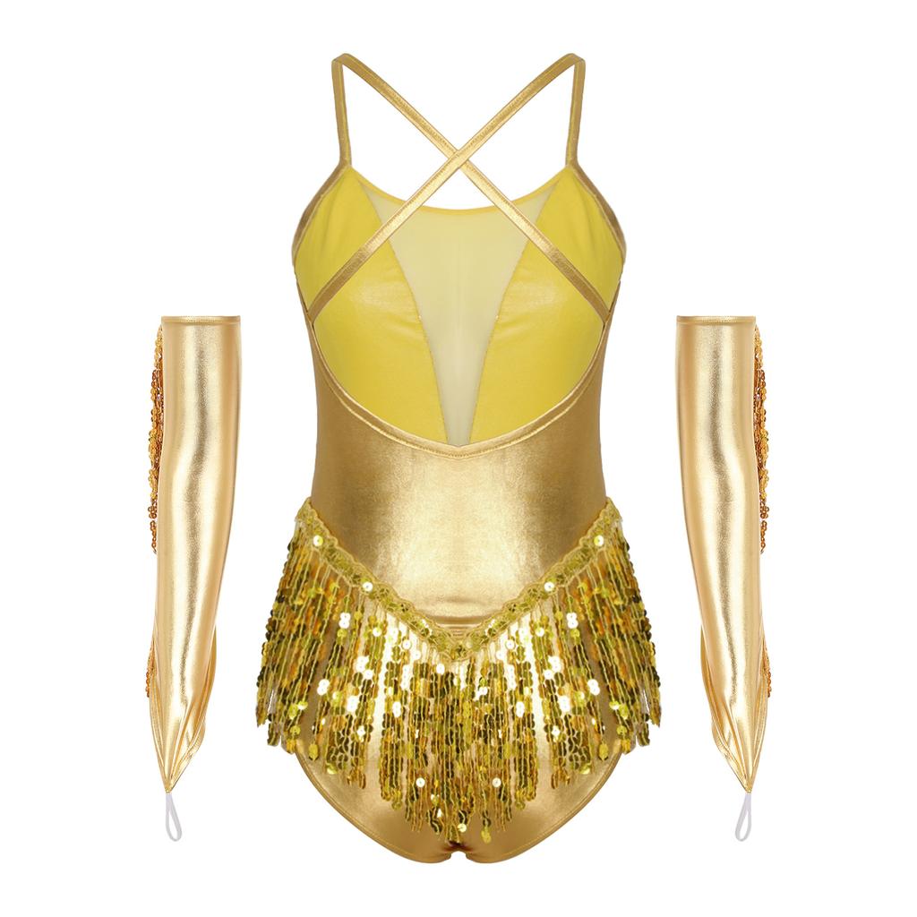 Damski Kostium na Występ Tańca Łacińskiego z Krzyżowym Tyłem Błyszczące Płatki Frędzle Body Metaliczne Rękawiczki