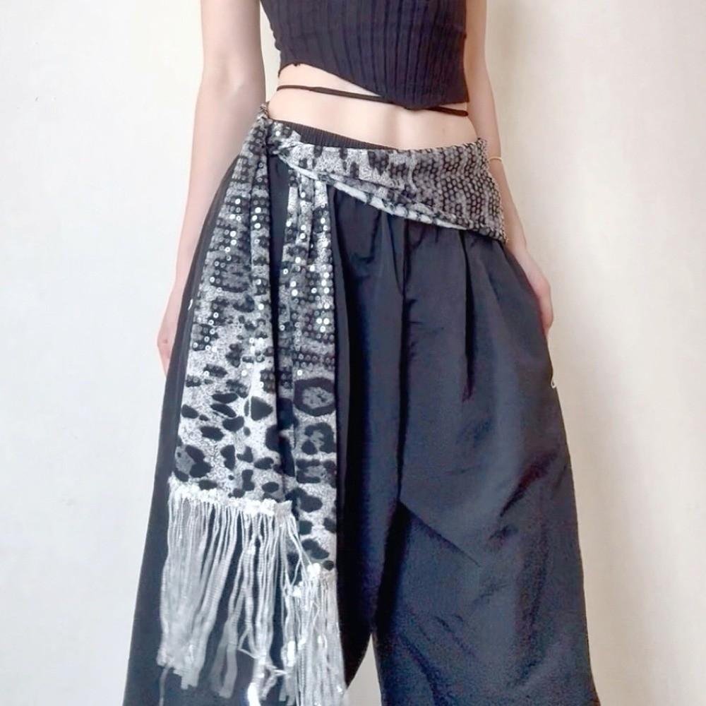 Hip-hop Tassels Leopard Print Belt Sequin Cargo Pants Waist Band Jazz Dance Hip Scarf  Streetwear