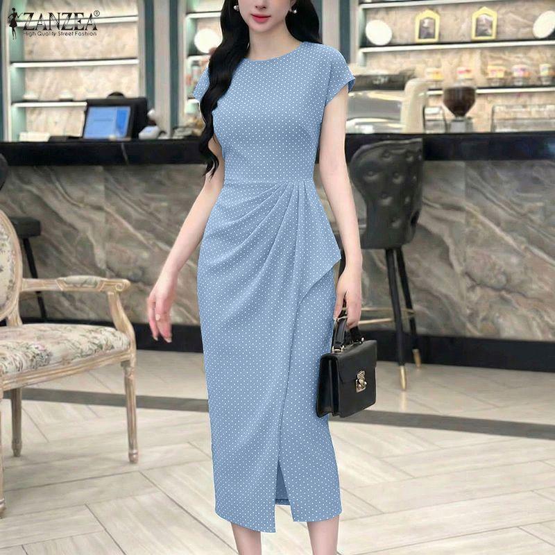 ZANZEA Women Casual Round Neck Short Sleeve Polka Dot Print Sheath Dress