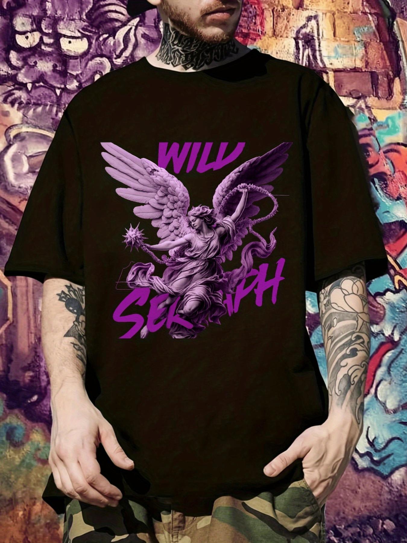 Wild Angel Graphic T-shirt - Casual Short Sleeve Crew Neck Tee with Vibrant Purple & Black Print S