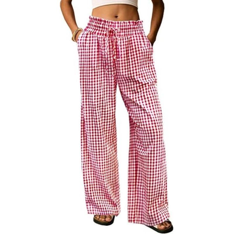 European Plaid Women's Wide-Leg Elastic High-Waist Pajama Pants with Drawstring