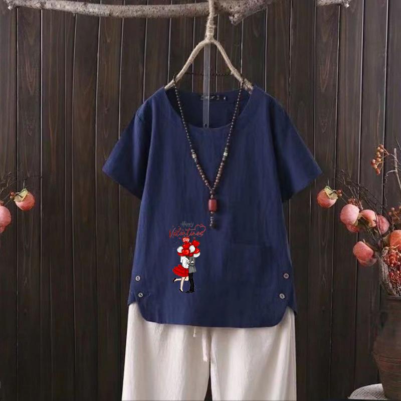 

2025 Лето Новая серия Nordic Balloon с V-образным вырезом и принтом Женская повседневная футболка из хлопка и конопли 4XL темно-синий