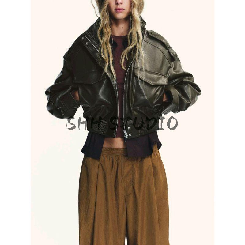 Fall New Women's Clothing French Style Locomotive Style Glossy Poly Urethane Leather Stand Collar Long Sleeves Short Outwear 4749701