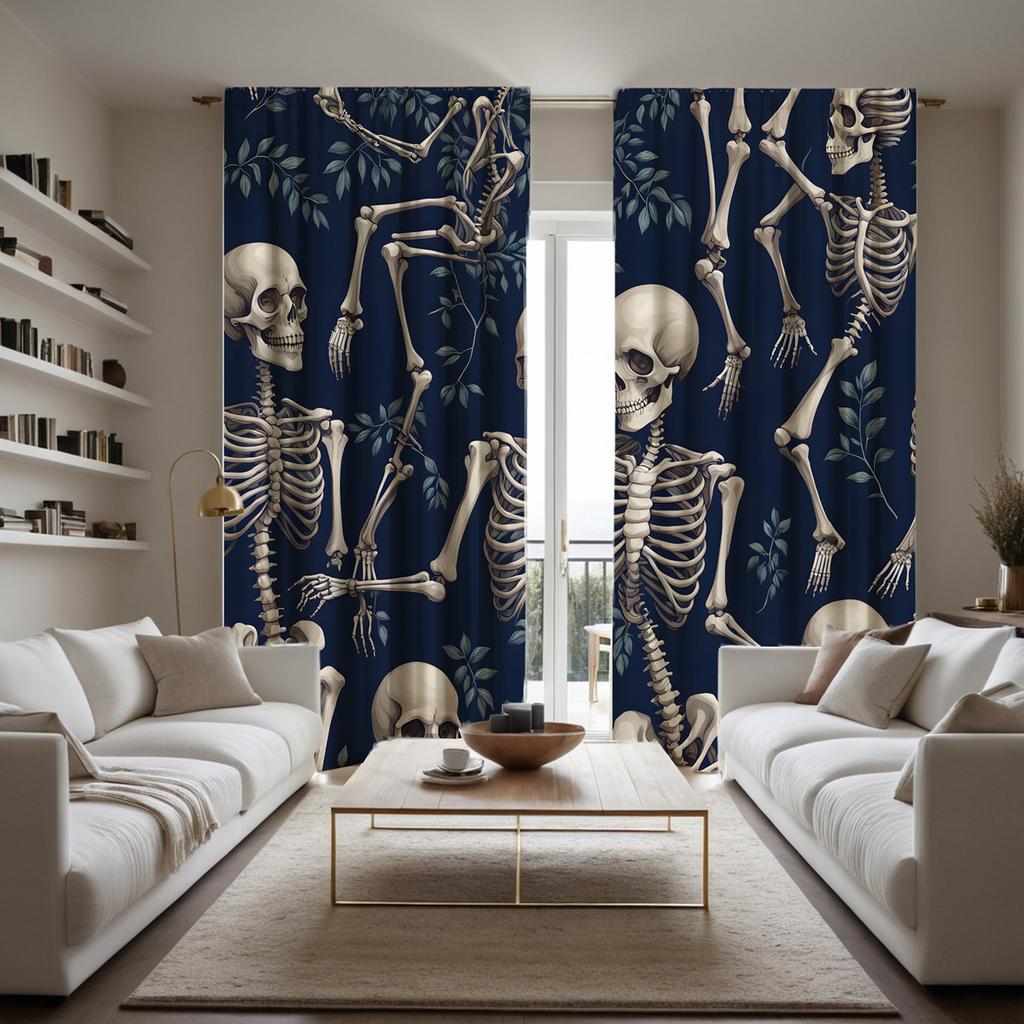 Set Of 2 Hd Halloween Skull Skeleton Green Leaf Curtain Black Tie Digital Printed Home Decor Style Decorate Living Ro Polyester