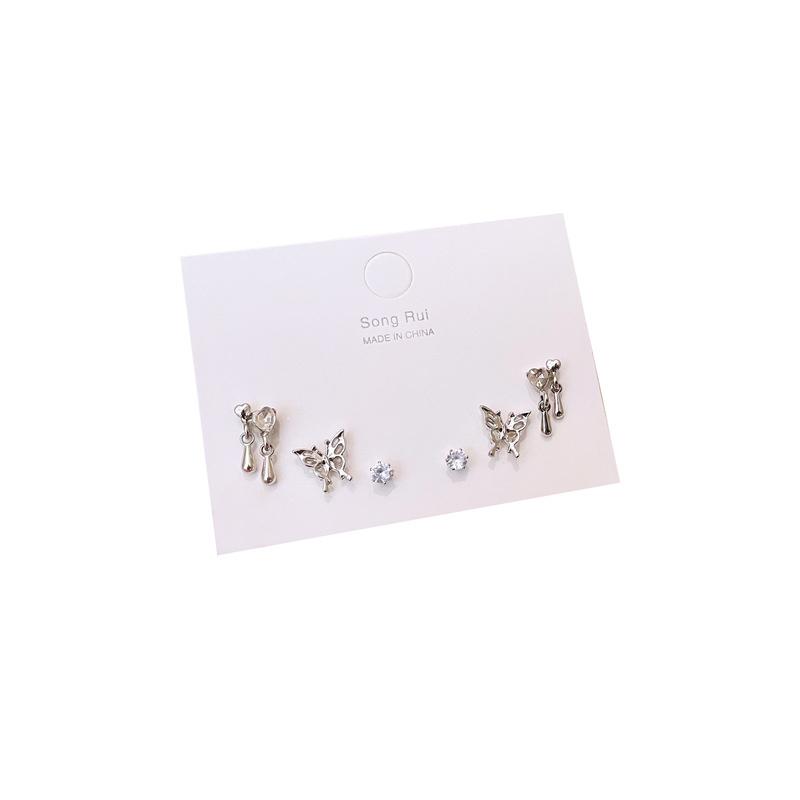1Set Y2K Bowknot Heart Zircon Stud Earrings For Women Girls Silver Color Exquisite Earrings Set Trendy Jewelry Party Gifts