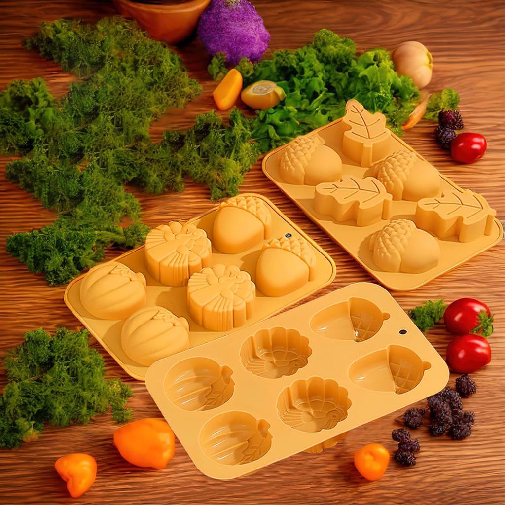 2 Pcs Thanksgiving Chocolate Molds 3D Pumpkin Turkey Pinecone Autumn Leaf Silicone Mold Candy Cake Baking Tray Molds for Fall Thanksgiving Party