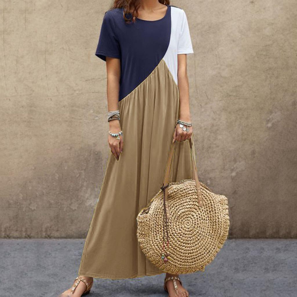 European and American Spring and Summer New Splicing Short-sleeved Dress Beach Skirt Women's Long Dress