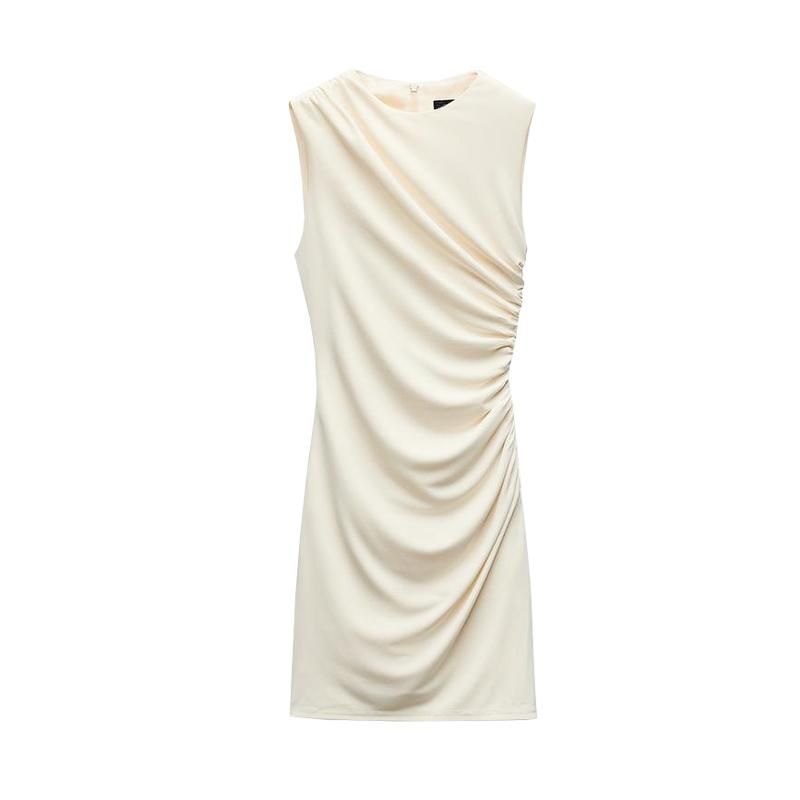 Spring New Arrival Women's Black Silm Fashion Sleeveless Round Neck Pleated Decorative Short Dress 8338250