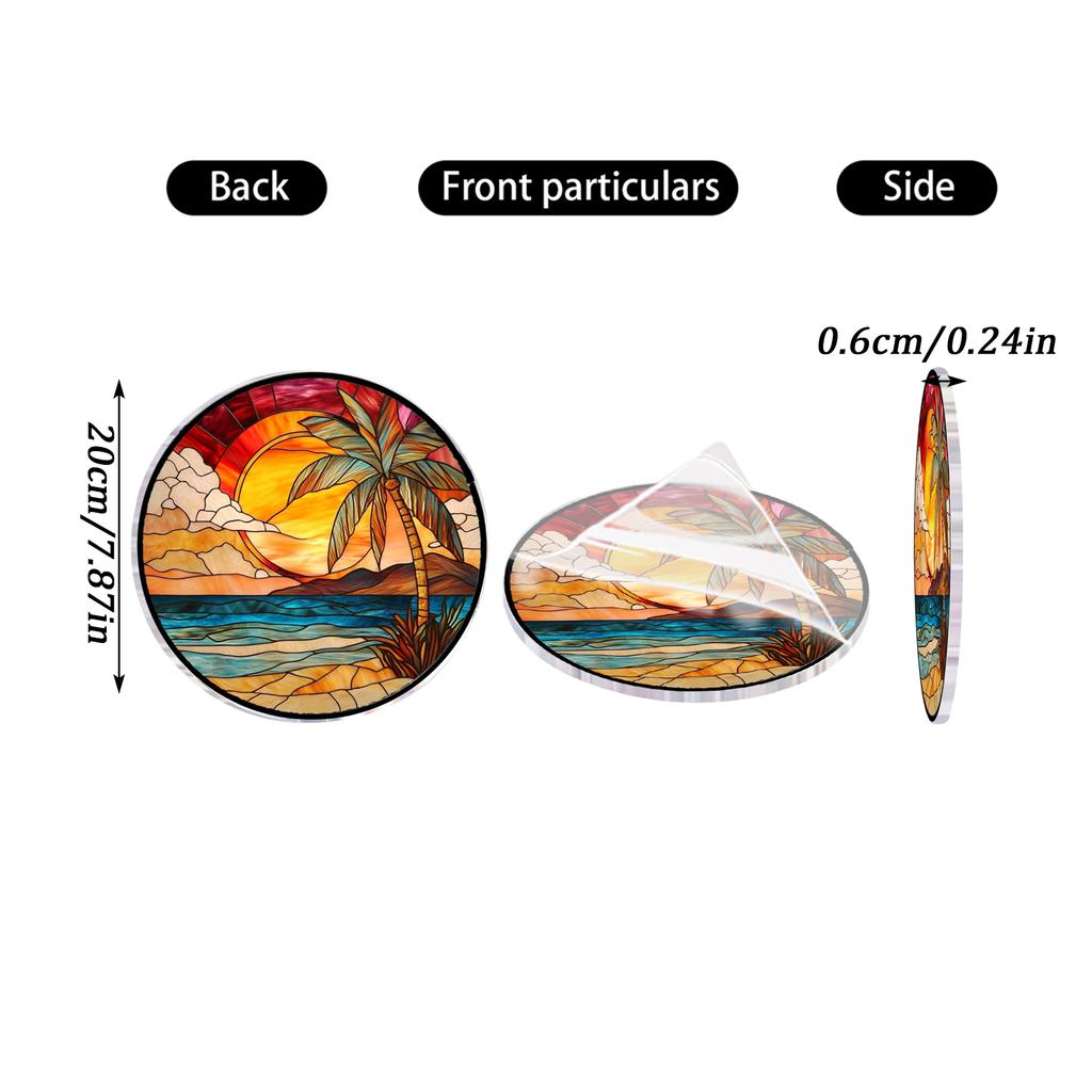 Round Stained Glass Window Hanging Panel with Tropical Beach Scene Palm Tree and Sunset Design for Garden Kitchen Sunroom Home Decor
