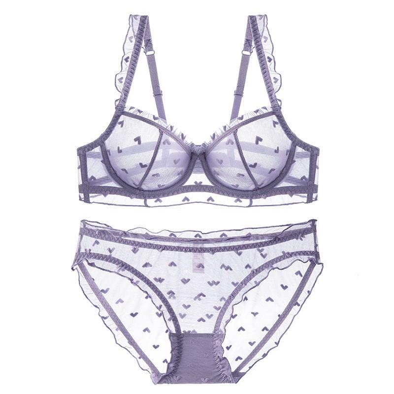 French underwear female sexy ultra-thin see-through lace underwear large chest small anti-sagging large size bra set bra