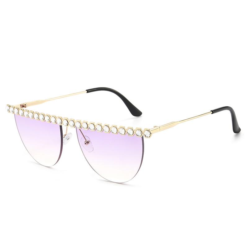 New European and American frameless semi-round sunglasses with diamonds trendy metal sunglasses women's personalized fashion sunglasses