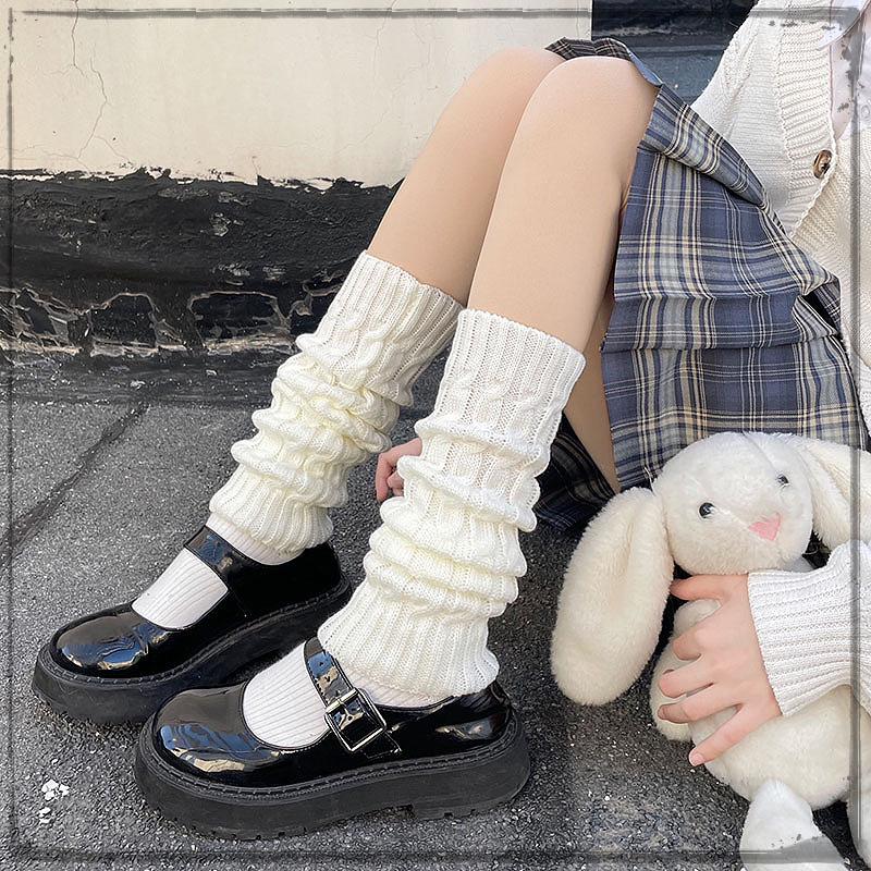 Women's Korean Style Knit Wool Leg Warmers - White Calf Socks for Autumn & Winter