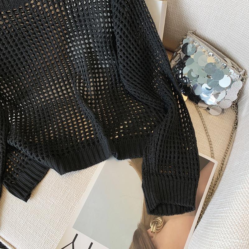 Spring Autumn Sunscreen Knitted Sweater Tops Women Korean Fashion New Long Sleeve Hollow Out Loose Short Tops Cover Up Hollow Thin Blouse 1410