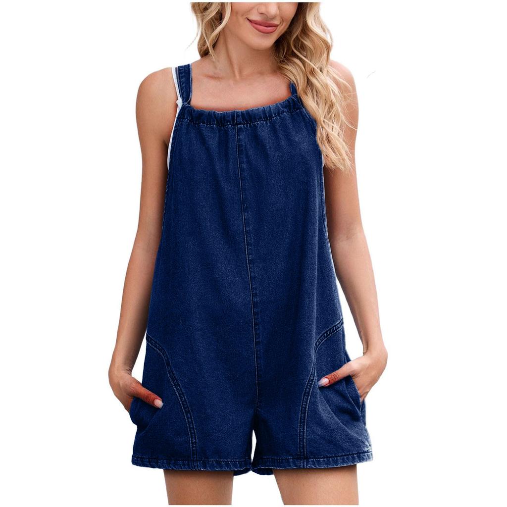 Women Sleeveless Backless Adjustable Strap Denim Romper with Pockets Loose Fit Casual Playsuit for Summer Daily Wear
