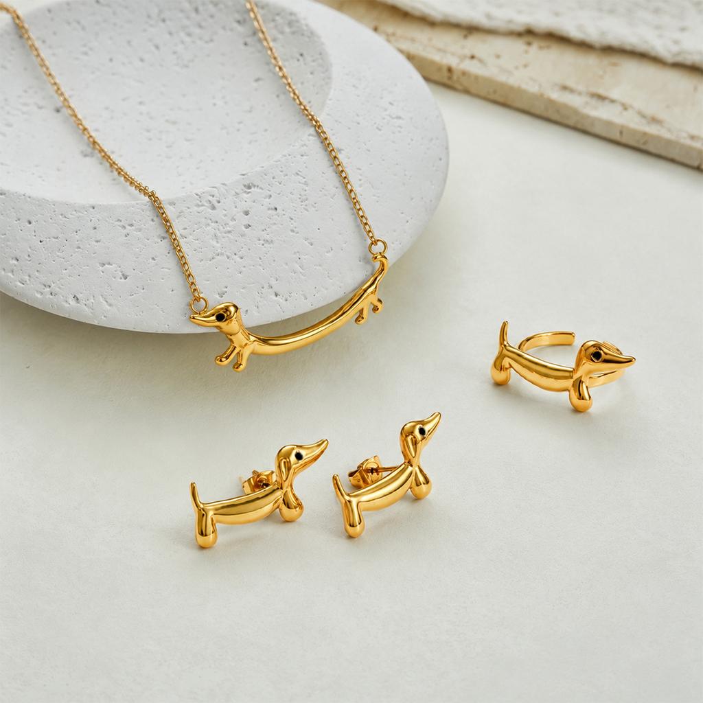 Stainless steel gold-plated dachshund necklace, stud earrings, three-piece set, cute cartoon niche design jewelry