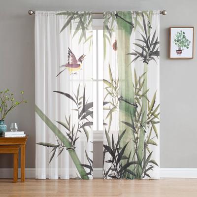 Chinesischer Stil Malerei Vogel Bambus Chiffon Gardinen für Wohnzimmer Schlafzimmer Wohnkultur Fenster Voile Tüll Vorhang Vorhänge
