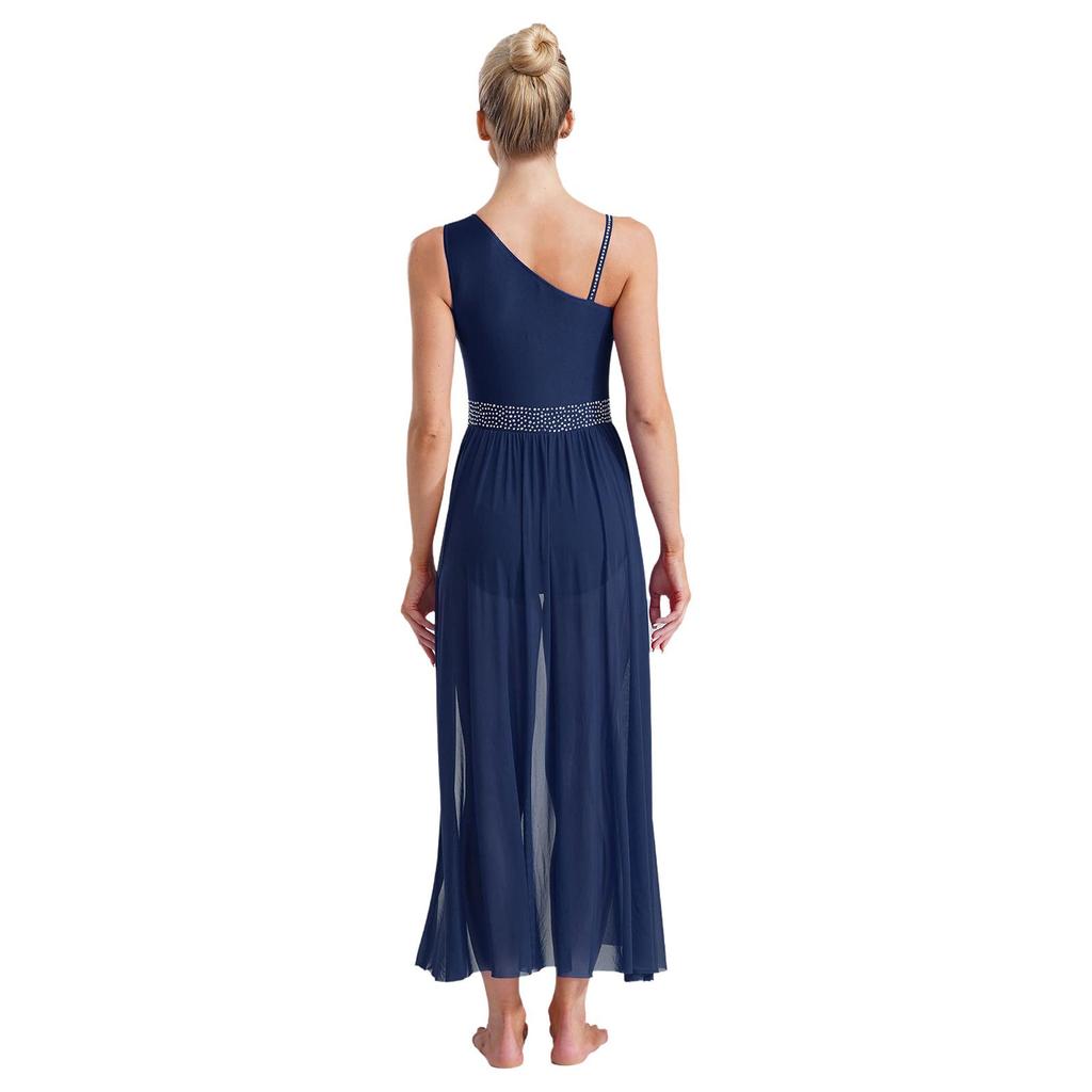 Womens Lyrical Dance Costume Glittery Rhinestones Asymmetrical Shoulder Sleeveless Split Sheer Mesh Dress