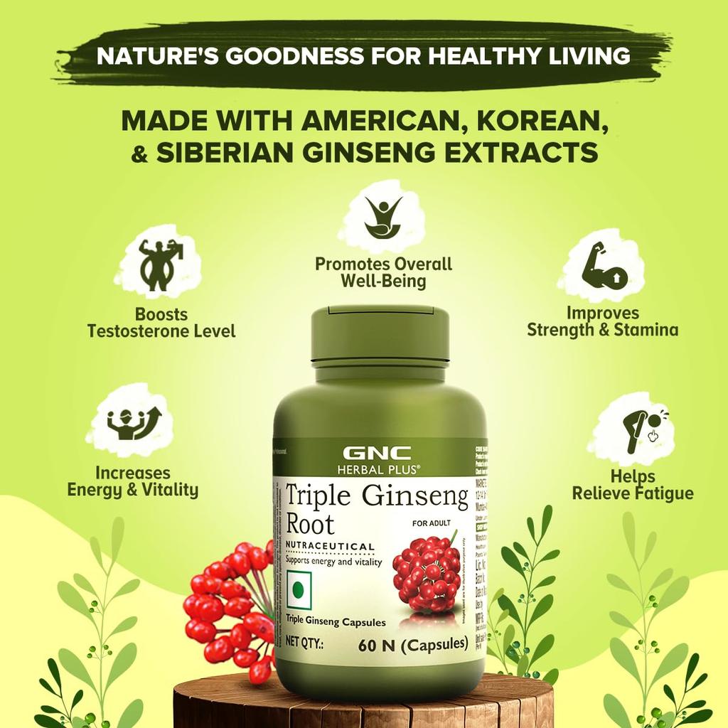 GNC Herbal Plus Triple Ginseng with Korean, American & Siberian Ginseng | 60 Capsules | 700mg | Enhances Immunity | Boosts Strength & Stamina | I