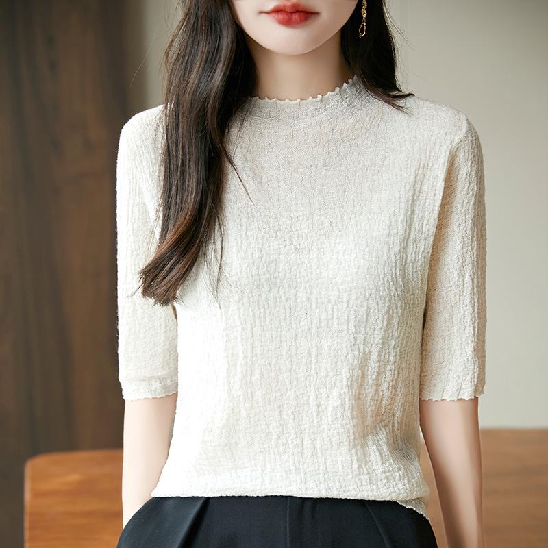 

Женский трикотажный топ из мериносовой шерсти с 3D-плиссировкой, полувысоким воротником и рукавами длиной пять восьмых, весна 2025 Extra Large