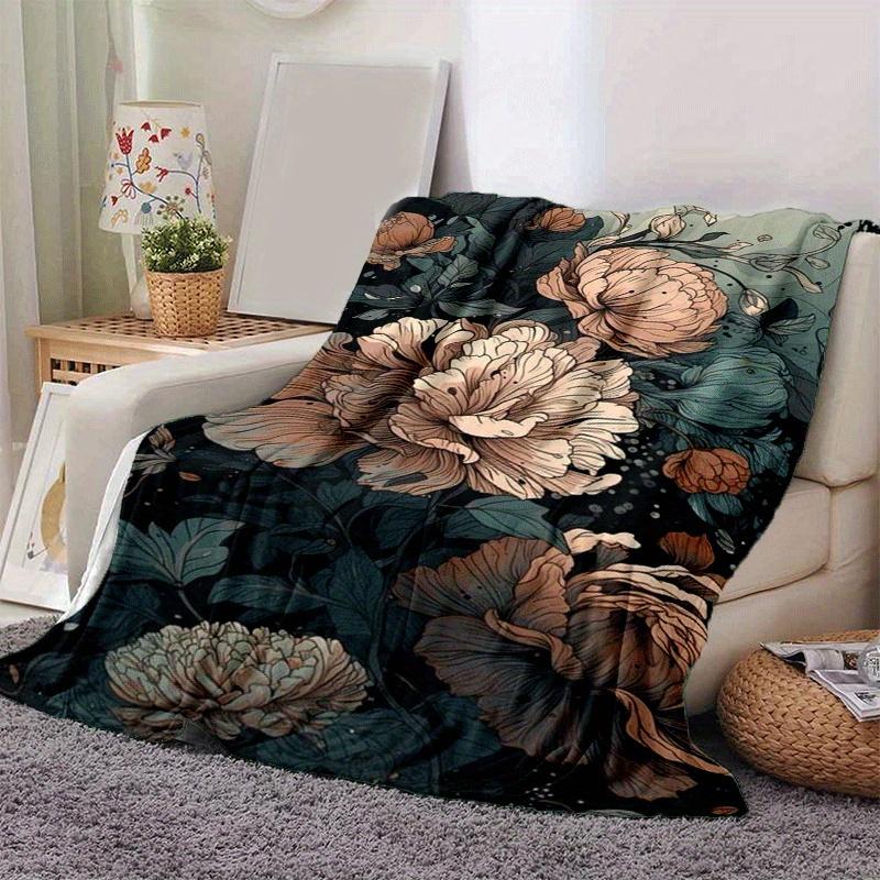 1pc Peony Printing Lightweight Flannel Blanket, Comfortable and Warm Blanket, for Camping Sofa Bed and Couch Office, Gift