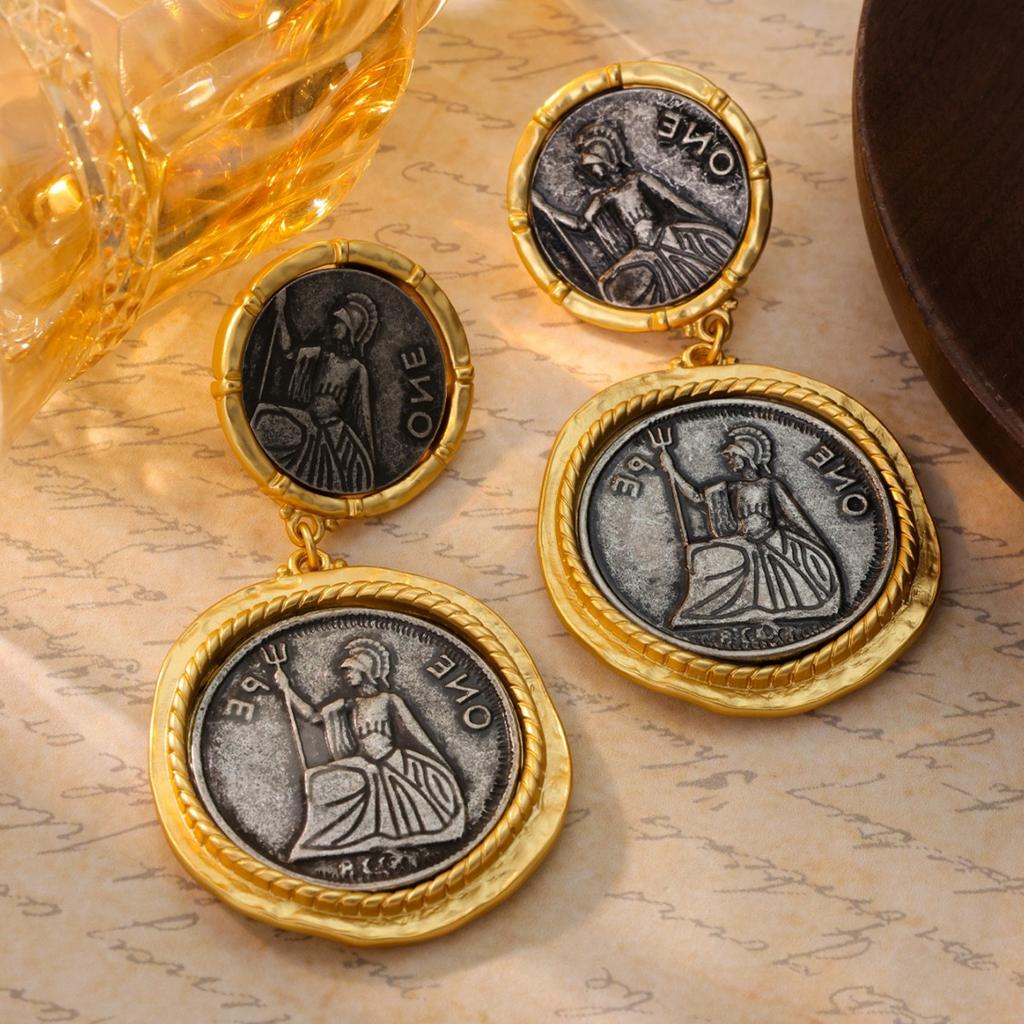 Vintage S925 Silver Needle Western Court Earrings Antique Coins Portraits Electroplated Genuine Gold