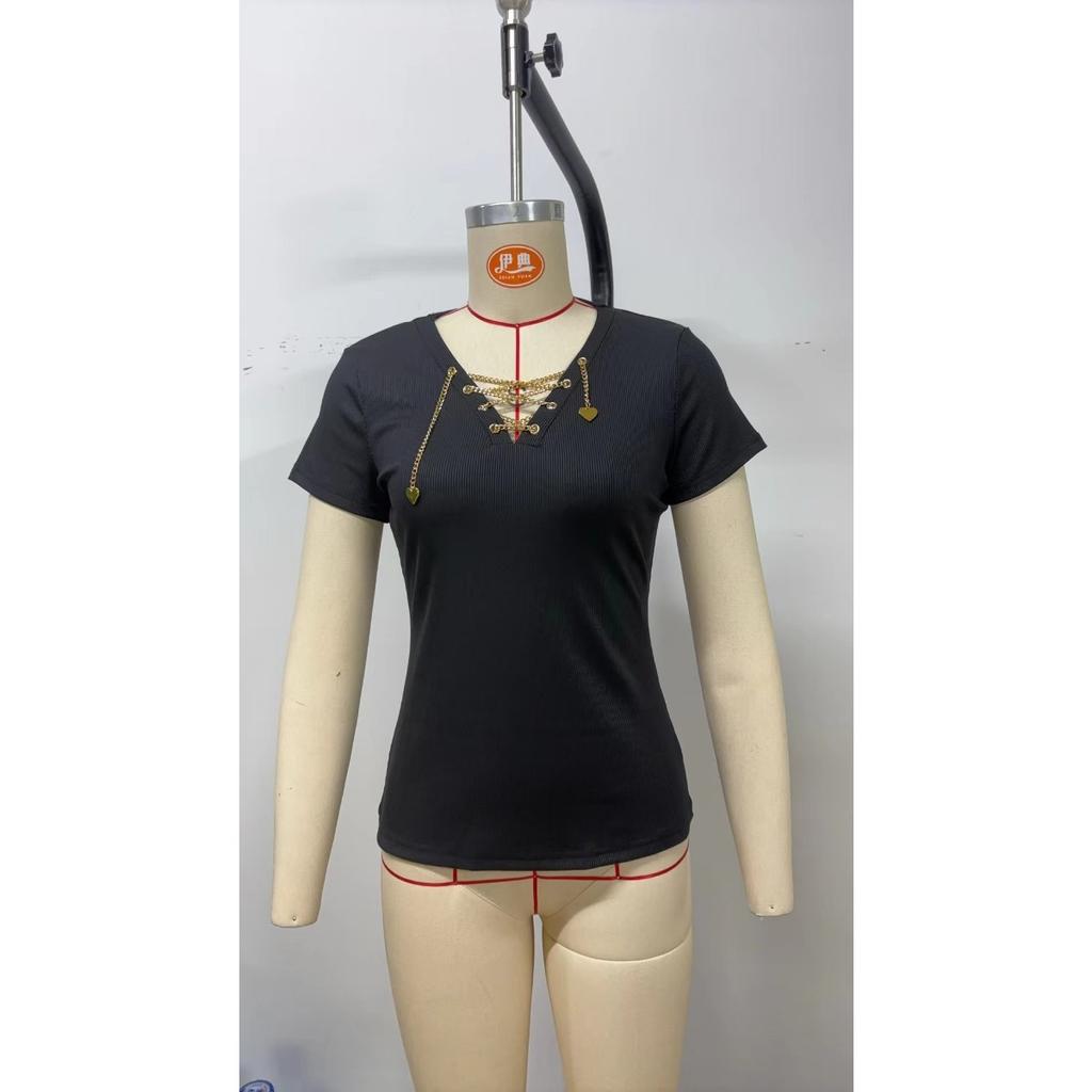 Women's Casual V-Neck T-Shirt | Golden Metal Chain Detail | Slim Fit Short Sleeve | Machine Washable & Dry Clean Safe | Spring/Summer Collection