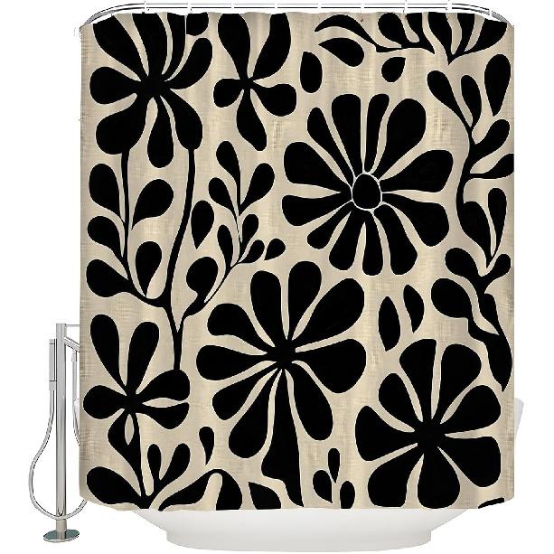 Black Boho Floral Shower Curtain Retro Abstract Flower Leaves Cute Plant Vintage Aesthetic Modern Cool Rustic Mid Century Art Bath Decor Curtain with