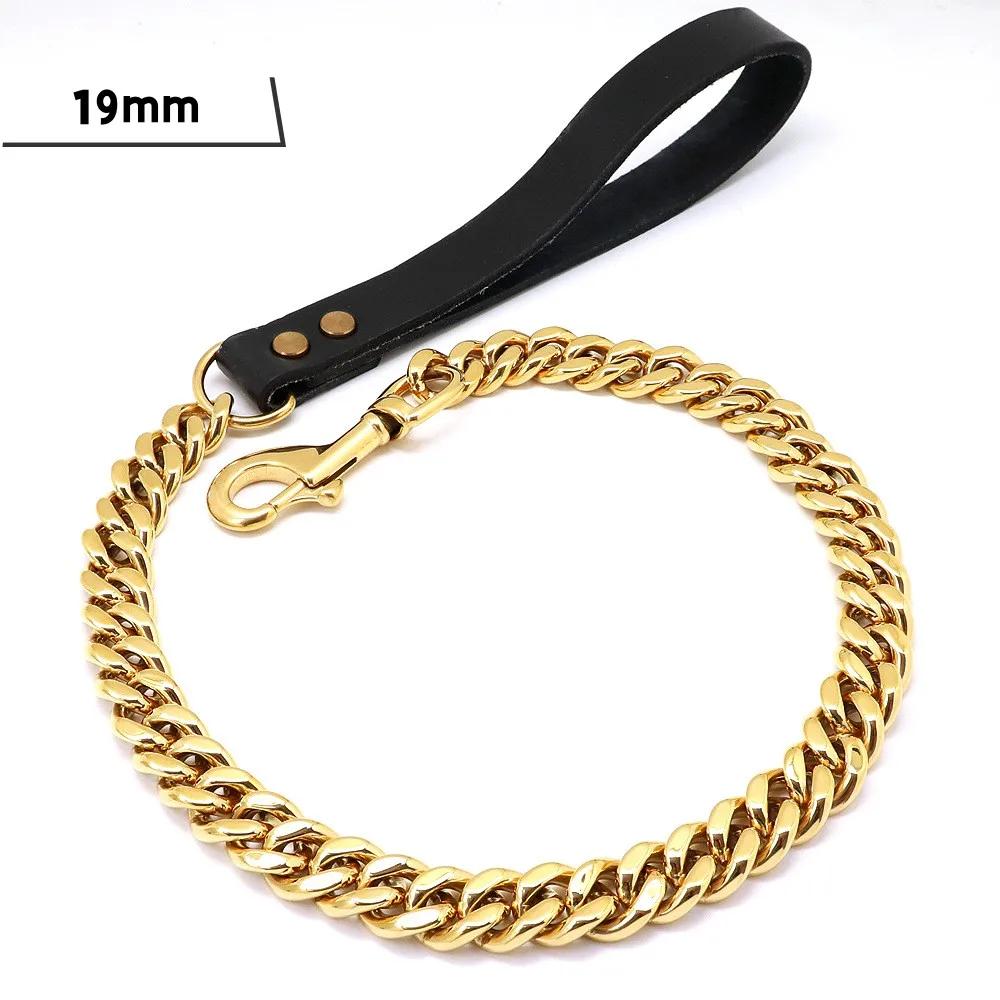 Stainless Steel Dog Leash Pet  Lead Traction  Super Strong Gold Collar Chain 32mm 19mm Bulldog Pitbull Large Dog Collar Leash