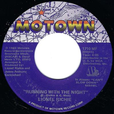 Disc de 7 inch LIONEL RICHIE - Running With The Night 1710MF Motown 1983 SUA Soul/Funk Folosit