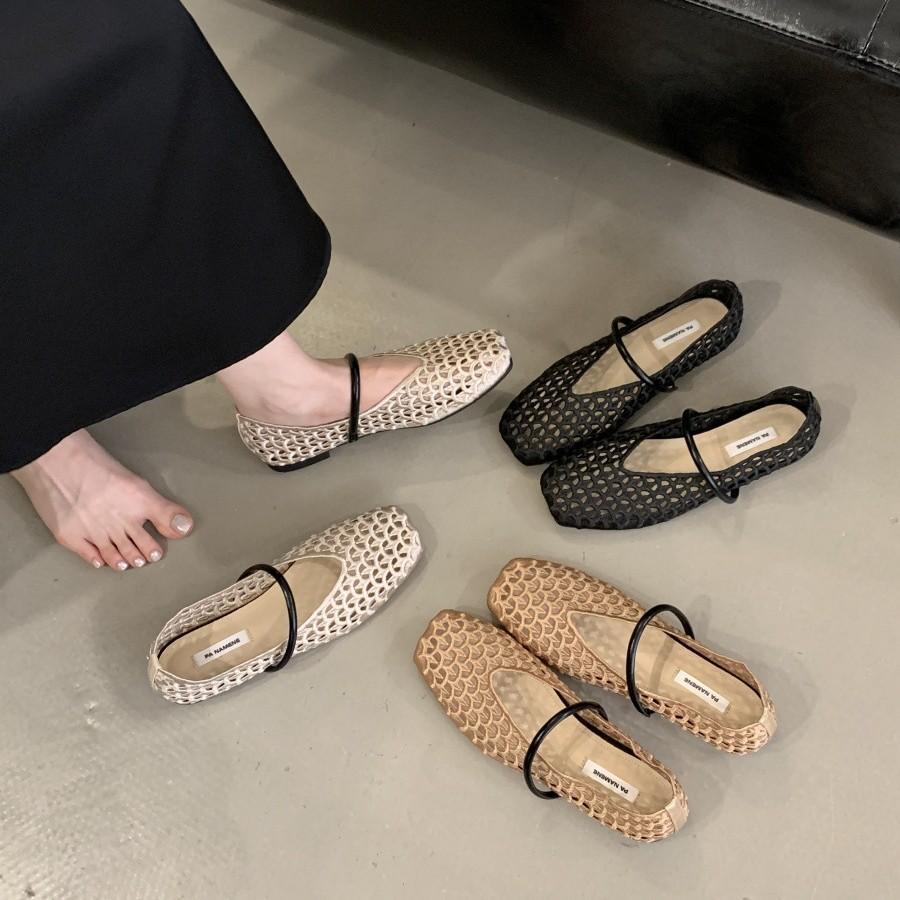 2025 summer new hollow woven mesh sandals women's word with flat bottom low heel Mary Jane shoes