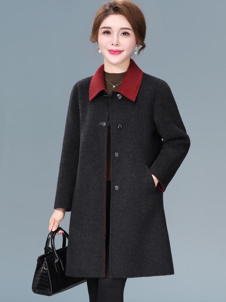 Autumn/Winter Double-Faced Cashmere Coat for Middle-Aged Women, Mid-Length Woolen Top