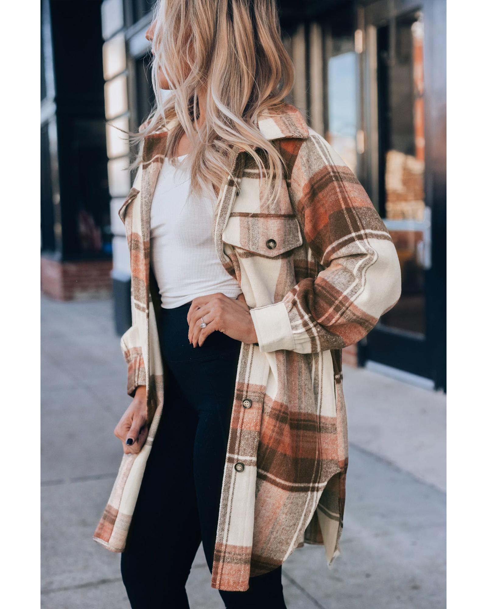 

Azura Exchange Plaid Print Flap Pockets Long Shacket S коричневый