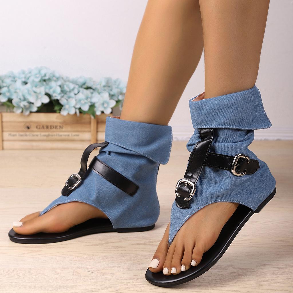 Fashion High Top Flat Bottom Fashion Sandals 2025 Summer Belt Buckle European and American Style Roman Sandals Flip Flops Women's Shoes