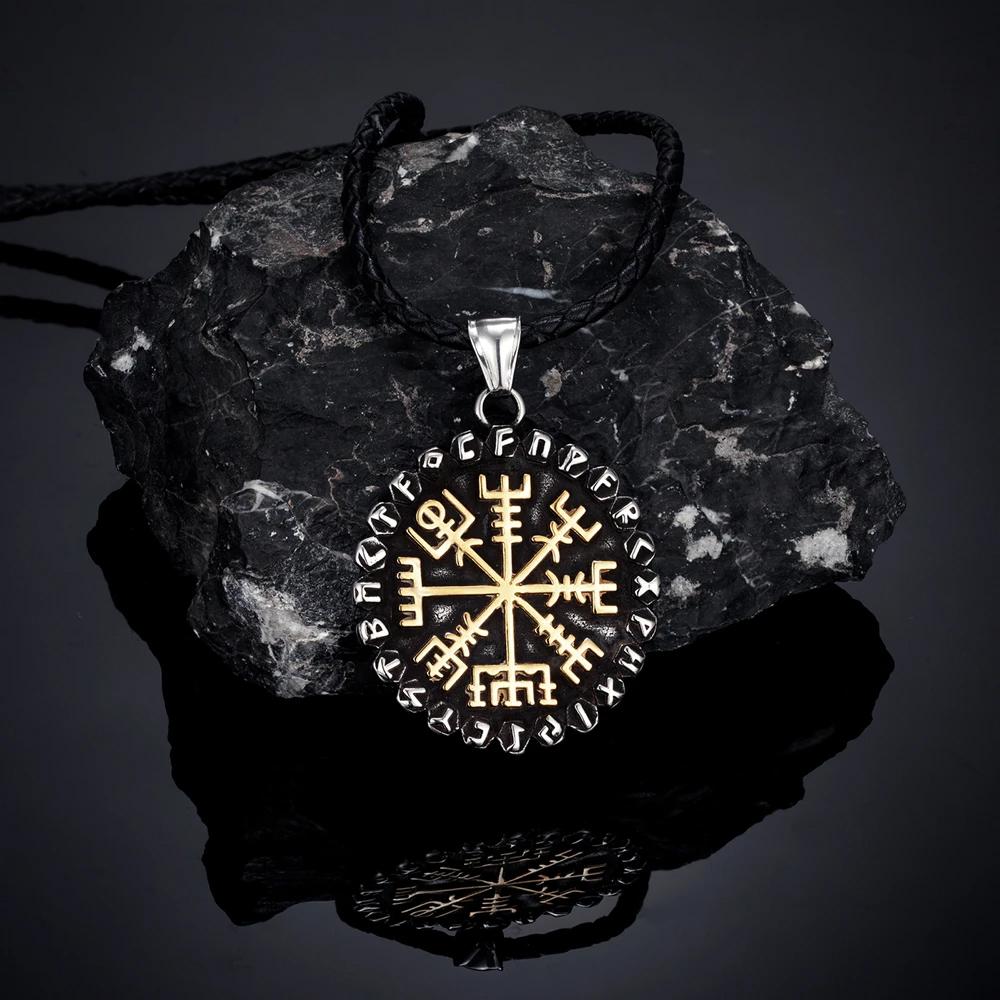 Classic Norse 24 Runes Viking Compass Necklaces Mens Amulet Vegvisir Pendant Stainless Steel Chain Icelandic Male Jewelry Gifts